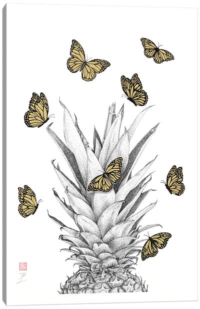 Pineapple And Monarchs Canvas Art Print - Black, White & Gold Art