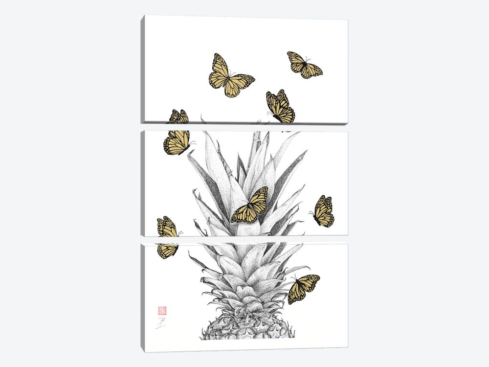 Pineapple And Monarchs by Bo N. Inthivong 3-piece Canvas Art Print