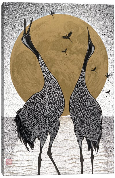 Dancing Cranes Canvas Art Print - Black, White & Gold Art