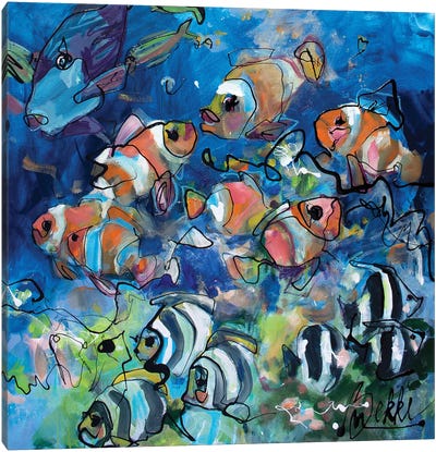 First Dive Canvas Art Print - Clown Fish Art