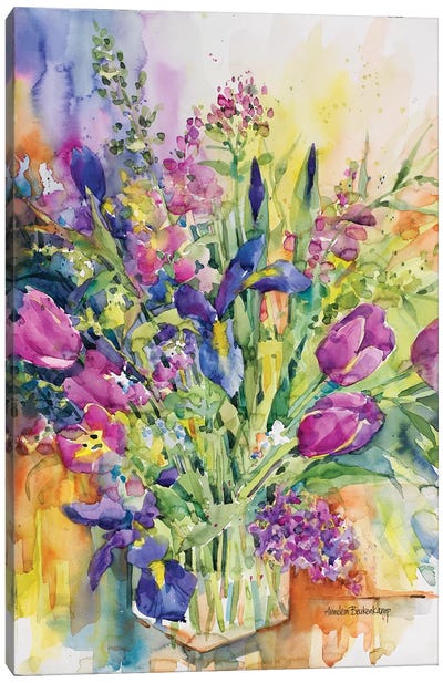 Iris Blue And Tulips Too Canvas Art Print - Annelein Beukenkamp
