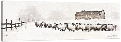 Warm Winter Barn with Sheep Herd Canvas Art Print - Bluebird Barn