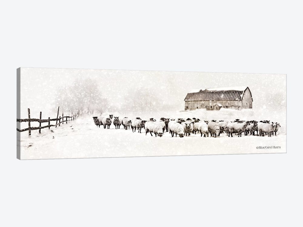 Warm Winter Barn with Sheep Herd by Bluebird Barn 1-piece Canvas Wall Art