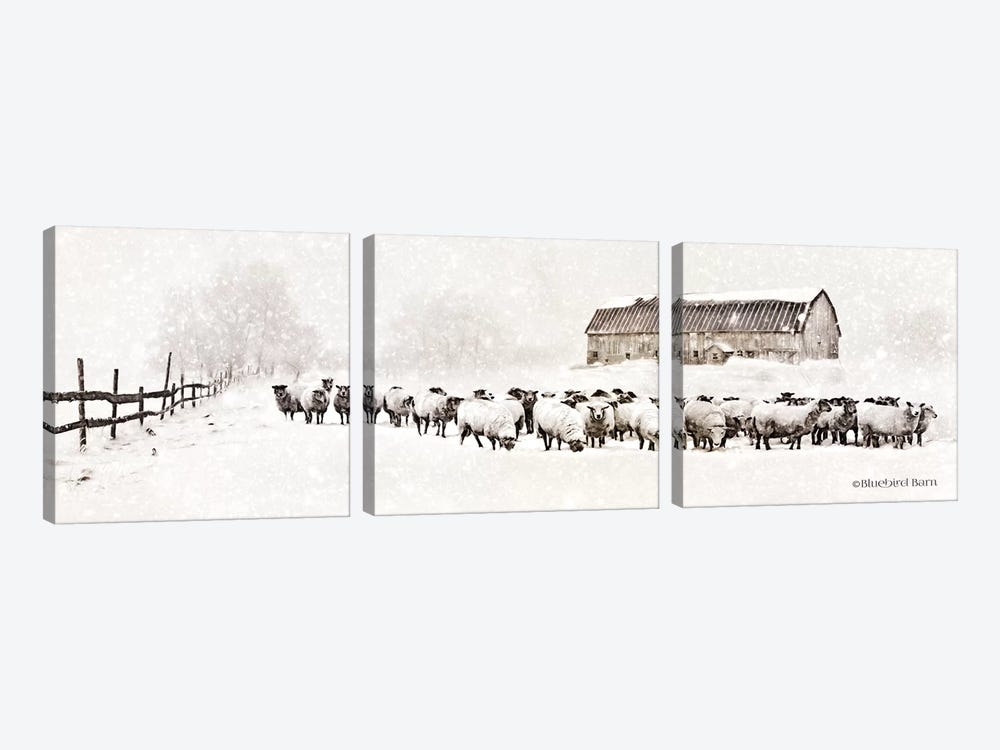 Warm Winter Barn with Sheep Herd by Bluebird Barn 3-piece Canvas Wall Art