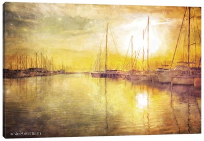 Yellow Sunset Boats in Marina Canvas Art Print - Bluebird Barn