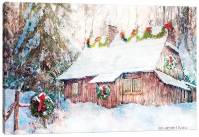 Snowy Christmas Cabin Canvas Art Print - Bluebird Barn