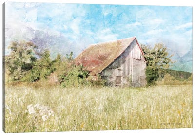 Spring Green Meadow by the Old Barn Canvas Art Print - Farm Art