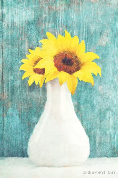 Pottery Still Life: Sunflower White Vase by Bluebird Barn