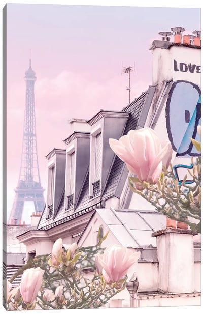 Paris With Its Eiffel Tower And Magnolias Canvas Art Print - Beli