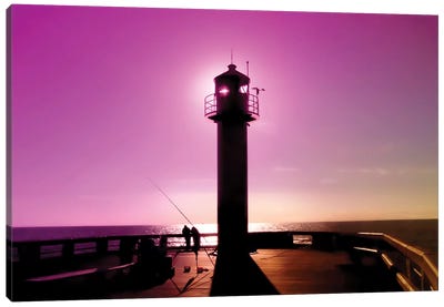 Romance At Sunset Under Sea Lighthouse Canvas Art Print - Lighthouse Art