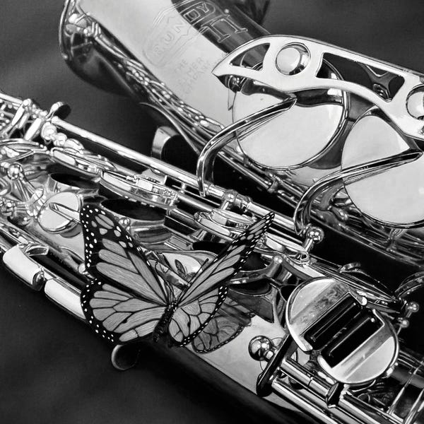 Saxophones: Sax-Fly Black And White by J.Bello Studio