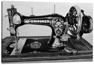 The Machine XI Black And White Canvas Art Print - Knitting & Sewing