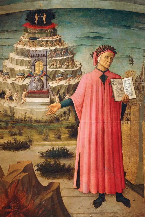 Dante Alighieri with Divine Comedy in his hand and mountains of purgatory in background,1465