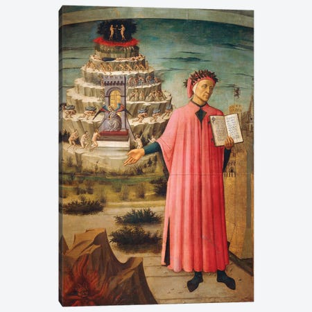 Dante Alighieri with Divine Comedy in his hand and mountains of purgatory in background,1465 Canvas Print #BMN10011} by Domenico di Michelino Canvas Wall Art