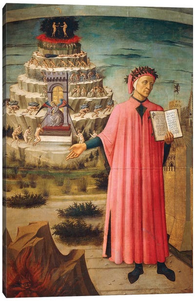 Dante Alighieri with Divine Comedy in his hand and mountains of purgatory in background,1465 Canvas Art Print