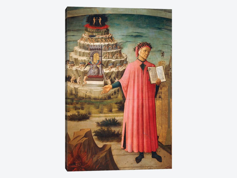 Dante Alighieri with Divine Comedy in his hand and mountains of purgatory in background,1465 by Domenico di Michelino 1-piece Canvas Wall Art