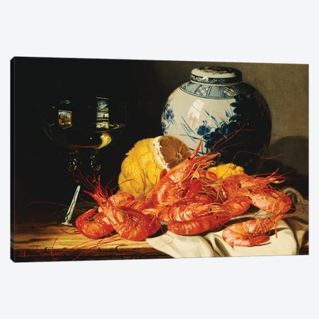 Shrimps, a peeled lemon, a glass of wine and a blue and white ginger jar on a draped table  Canvas Print #BMN10115} by Edward Ladell Canvas Wall Art