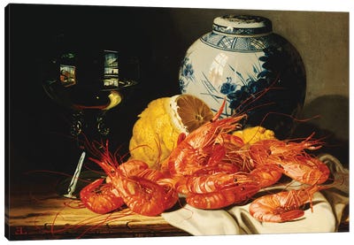 Shrimps, a peeled lemon, a glass of wine and a blue and white ginger jar on a draped table  Canvas Art Print