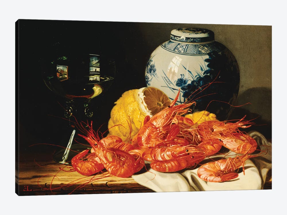 Shrimps, a peeled lemon, a glass of wine and a blue and white ginger jar on a draped table  1-piece Canvas Print