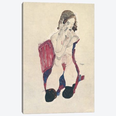 Seated Girl with Black Stockings and Folded Hands; Sitzendes Madchen mit schwarzen Strumpfen und vorgehaltenen Handen, 1911  Canvas Print #BMN10181} by Egon Schiele Canvas Artwork