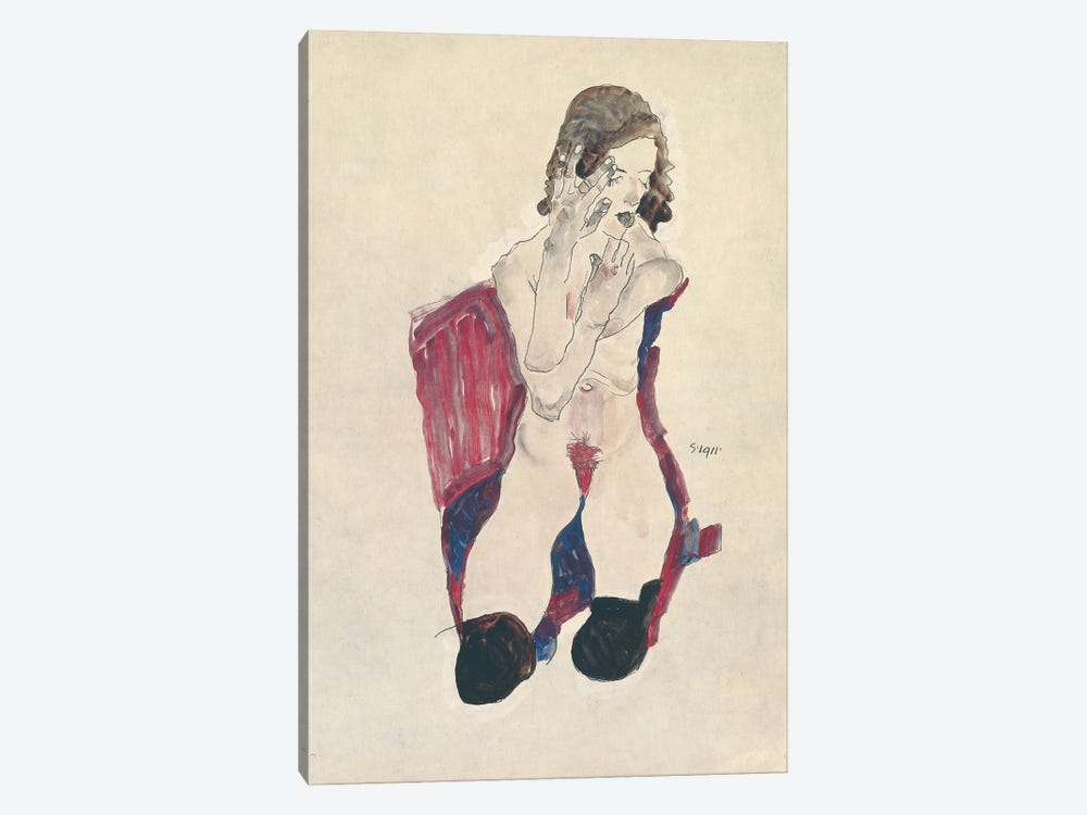 Seated Girl with Black Stockings and Folded Hands; Sitzendes Madchen mit schwarzen Strumpfen und vorgehaltenen Handen, 1911  1-piece Canvas Wall Art