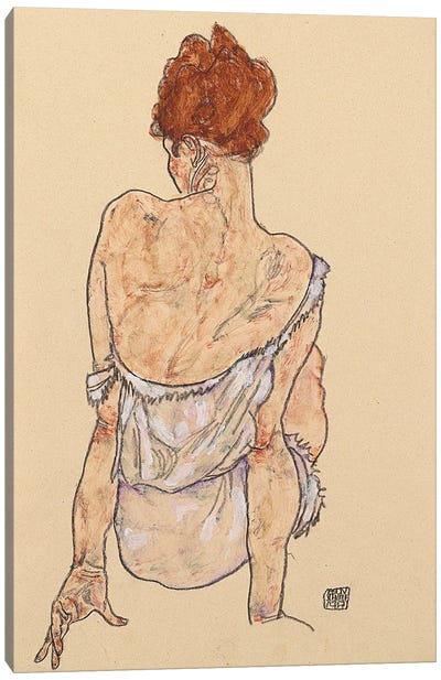 Seated woman in underwear, rear view, 1917  Canvas Art Print - Egon Schiele