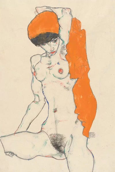 Standing Nude with Orange Drapery, 1914  by Egon Schiele framed canvas print