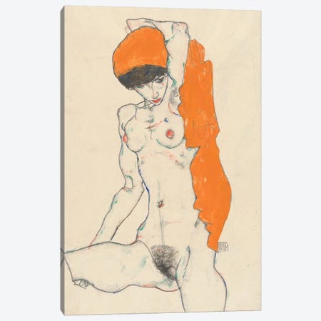 Standing Nude with Orange Drapery, 1914  Canvas Print #BMN10186} by Egon Schiele Canvas Art Print