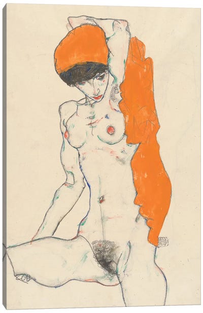 Standing Nude with Orange Drapery, 1914  Canvas Art Print - Egon Schiele
