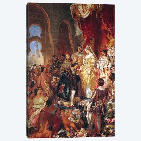 The Reception of Christopher Columbus  by Ferdinand II  of Aragon and Isabella  of Castille  Canvas Print #BMN10229} by Eugene Deveria Art Print