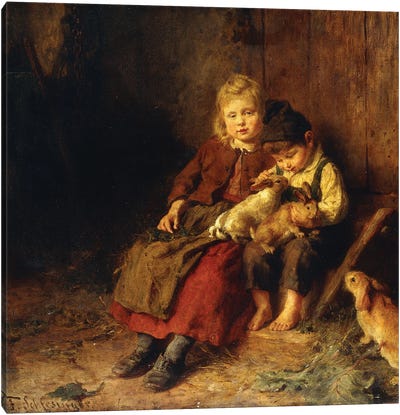 Two Children Playing with Rabbits,  Canvas Art Print