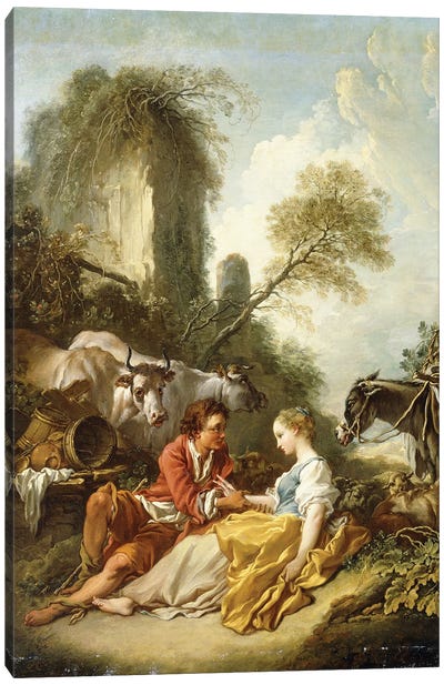 A Pastoral Landscape with a Shepherd and Shepherdess seated by Ruins,  Canvas Art Print