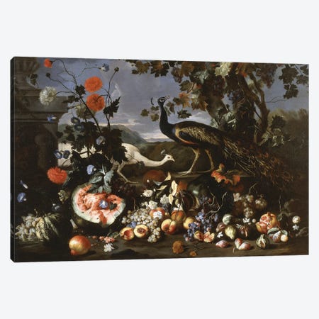 A Peacock and a Penhen with Fruit and Flowers in a Park,  Canvas Print #BMN10280} by Franz Werner Tamm Canvas Art Print