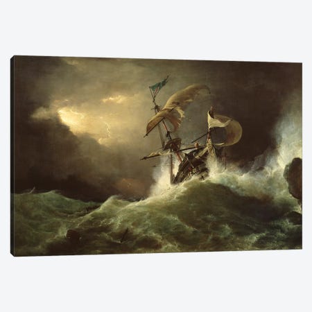 A First rate Man-of-War driven onto a reef of rocks, floundering in a gale  Canvas Print #BMN10345} by George Philip Reinagle Art Print