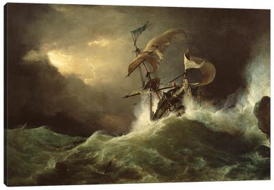 A First rate Man-of-War driven onto a reef of rocks, floundering in a gale  Canvas Art Print