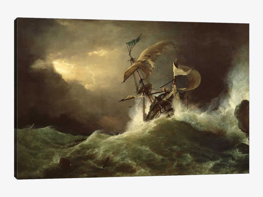 A First rate Man-of-War driven onto a reef of rocks, floundering in a gale  by George Philip Reinagle 1-piece Canvas Print