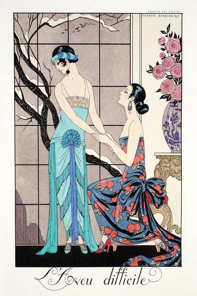 George Barbier: The Difficult Admission, from 'Falbalas & Fanfreluches, Almanach des Modes Présentes, Passées et Futures', 1924  by George Barbier