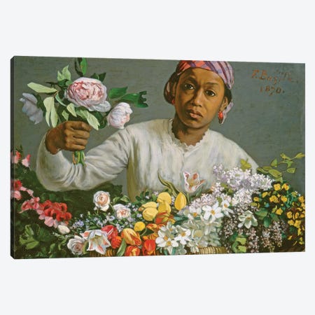 Young Woman with Peonies, 1870  Canvas Print #BMN10541} by Jean Frederic Bazille Canvas Art