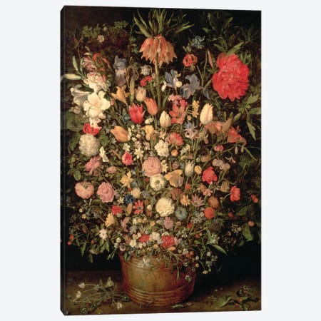 Large bouquet of flowers in a wooden tub, 1606-07,  Canvas Print #BMN1054} by Jan Brueghel the Elder Canvas Wall Art