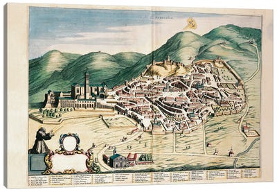 Map of Assisi from Theatrum civitatum et admirandorum Italiae, by Joan Blaeu, engraving Canvas Art Print