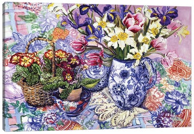 Daffodils, Tulips and Iris in a Jacobean Blue and White Jug with Sanderson Fabric and Primroses, 2012  Canvas Art Print - Daffodil Art