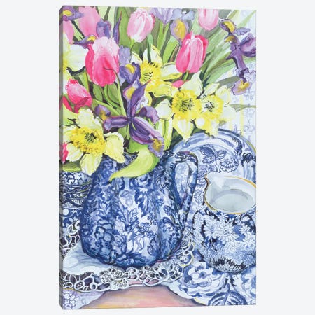 Daffodils, Tulips and Irises with Blue Antique Pots  Canvas Print #BMN10573} by Joan Thewsey Canvas Print