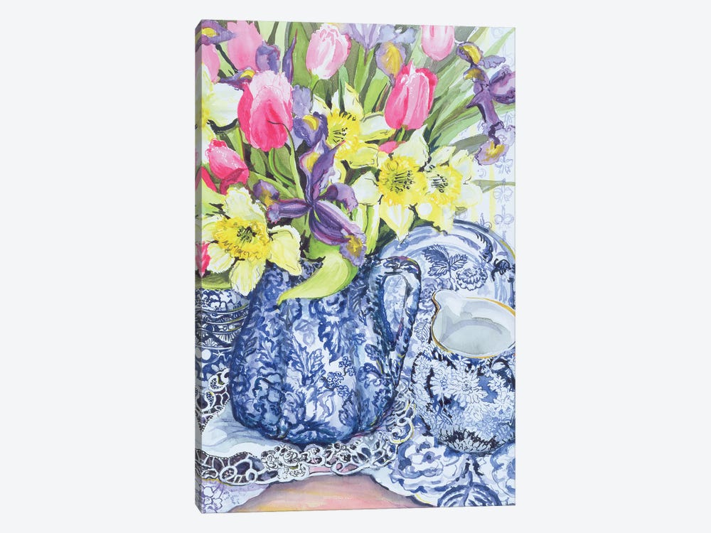 Daffodils, Tulips and Irises with Blue Antique Pots  1-piece Canvas Art