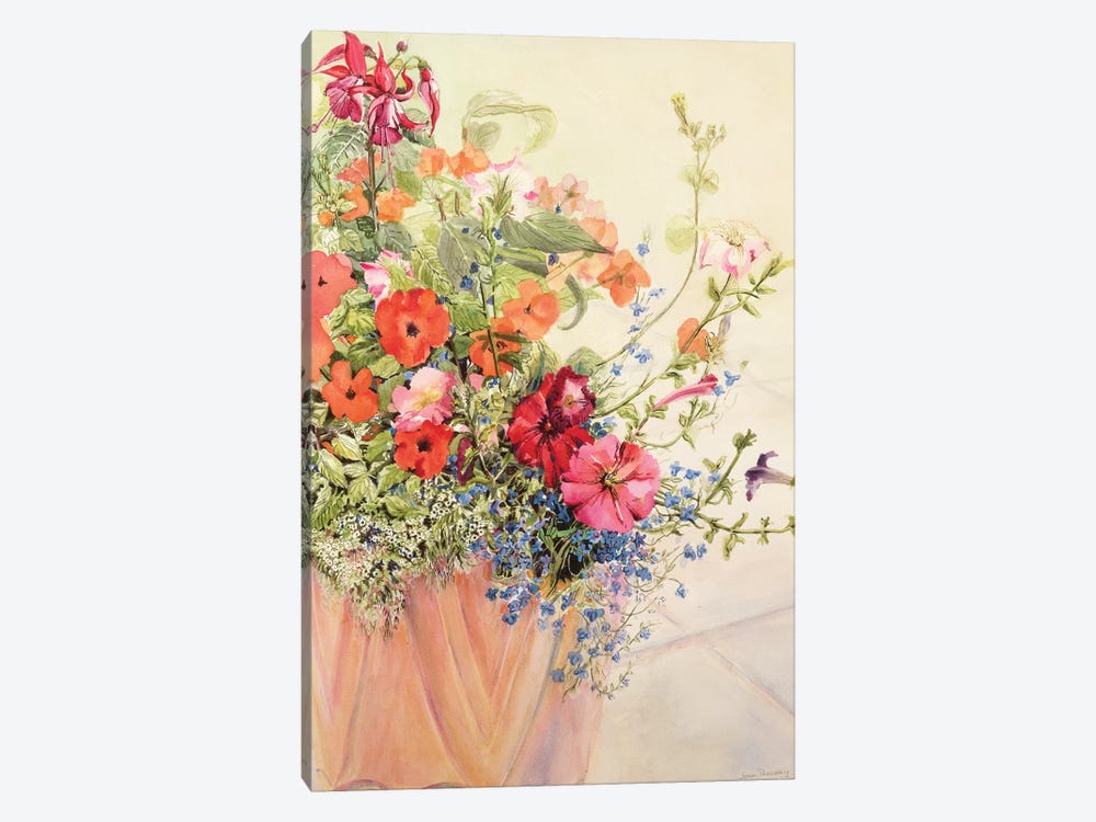 Petunias, Lobelias, Busy Lizzies and Fuschia in a Terracotta Pot  by Joan Thewsey 1-piece Canvas Art Print