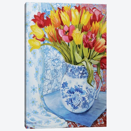 Red and yellow tulips in a Copeland jug  Canvas Print #BMN10579} by Joan Thewsey Canvas Print