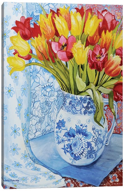 Red and yellow tulips in a Copeland jug  Canvas Art Print