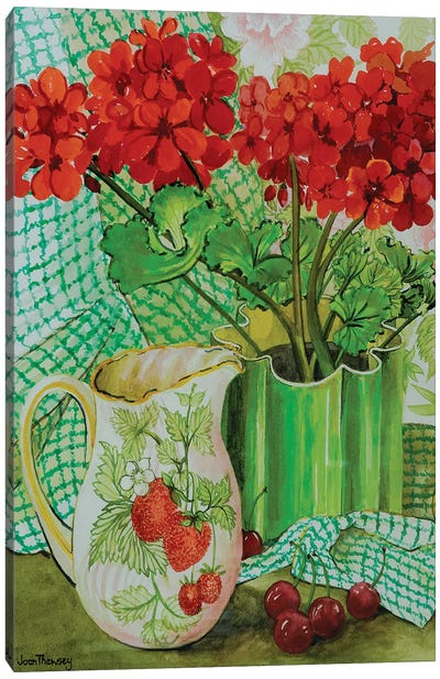 Red geranium with the strawberry jug and cherries  Canvas Art Print - Geranium Art