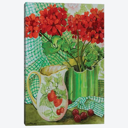 Red geranium with the strawberry jug and cherries  Canvas Print #BMN10580} by Joan Thewsey Canvas Art
