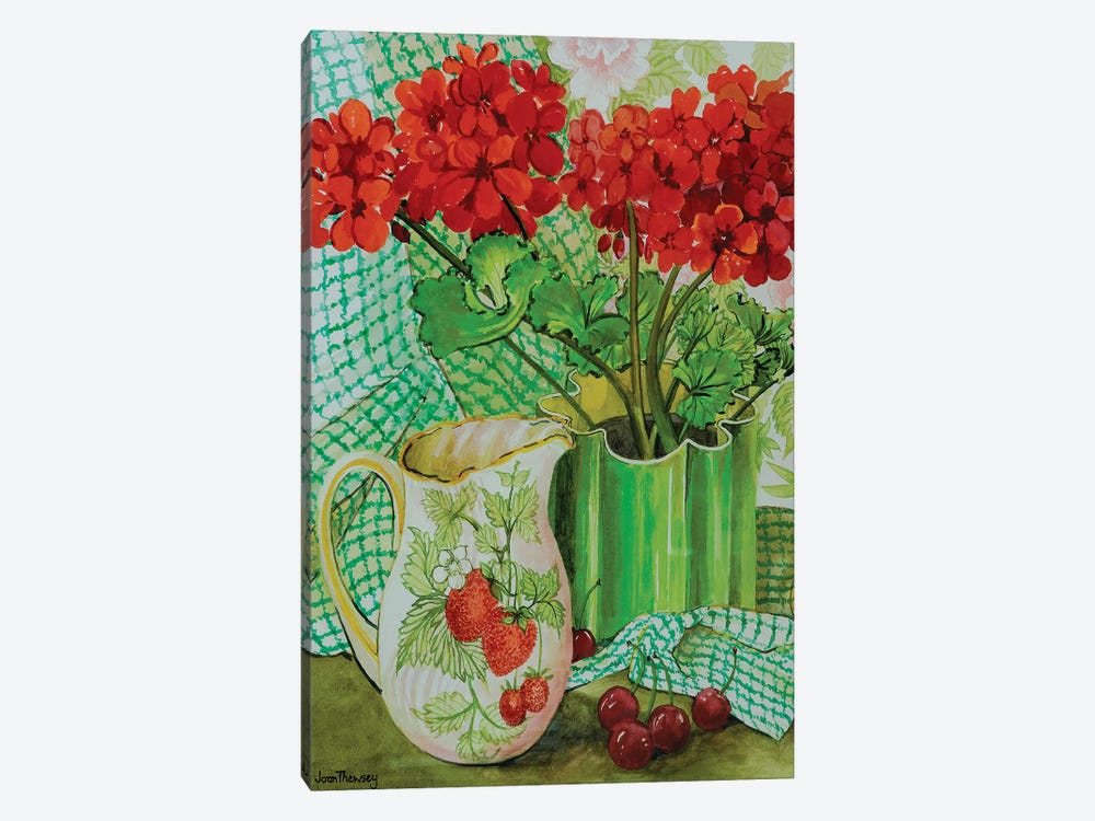 Red geranium with the strawberry jug and cherries  by Joan Thewsey 1-piece Canvas Wall Art