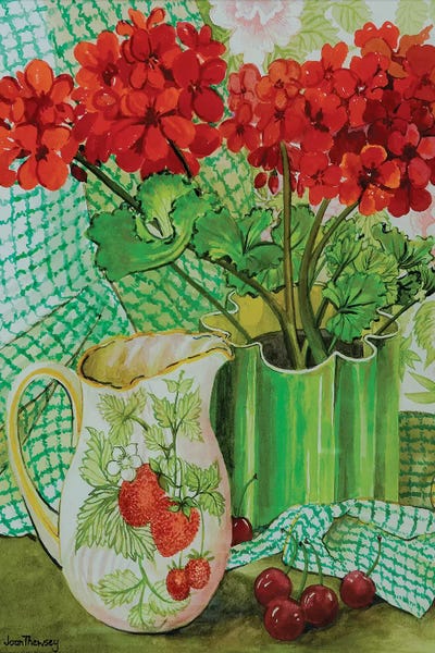Geraniums: Red geranium with the strawberry jug and cherries  by Joan Thewsey